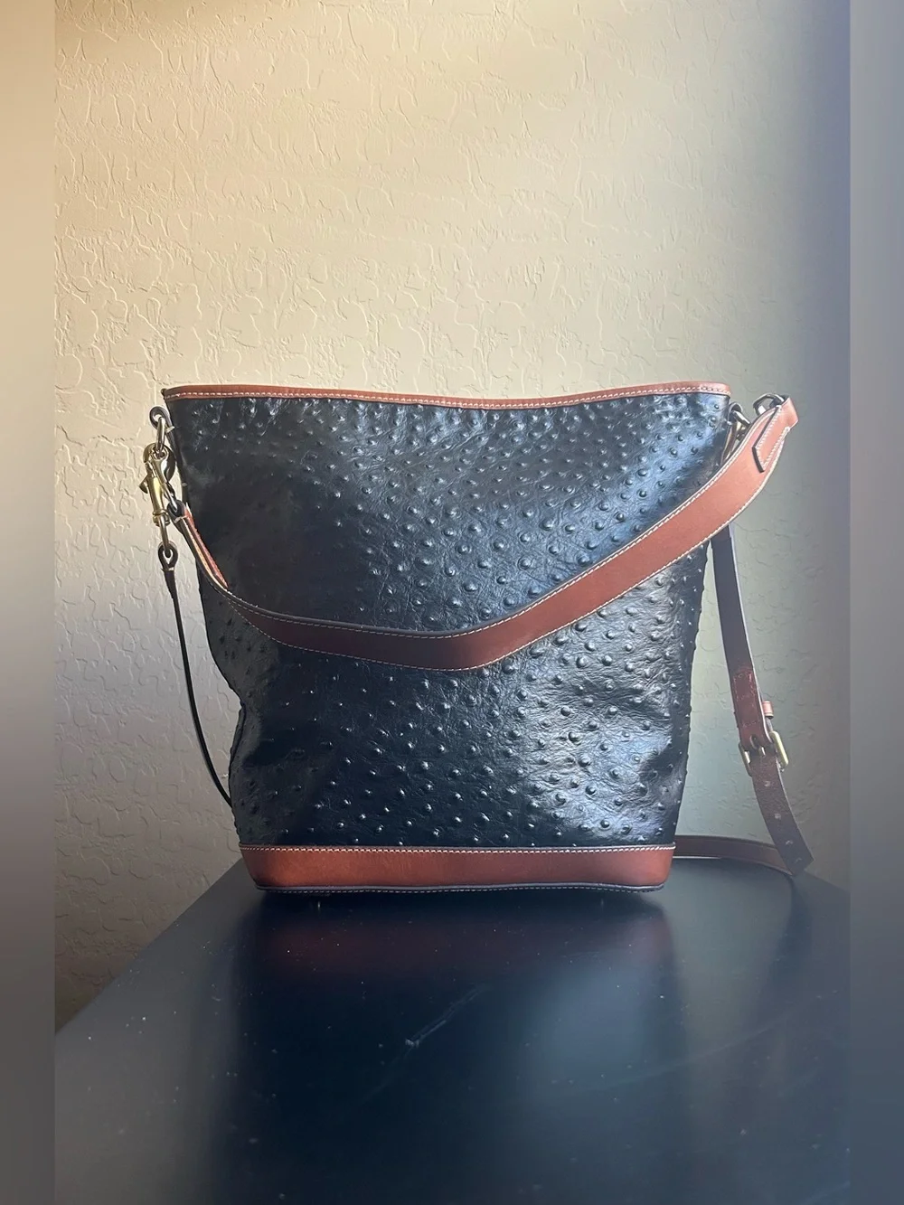 Large Dooney & Bourke Hobo Bag in Black Ostrich Leather